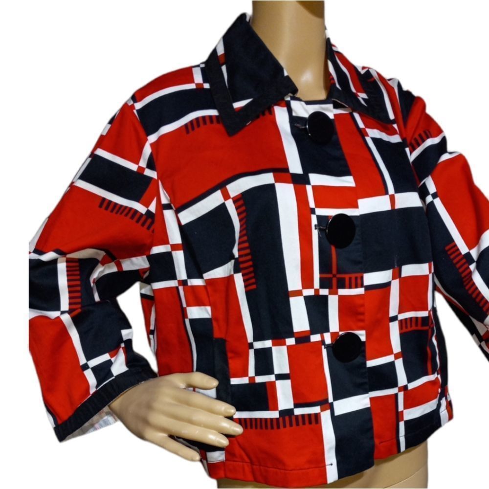 SHERRY TAYLOR geometrics art deco cotton elastane red Black white jacket, XL